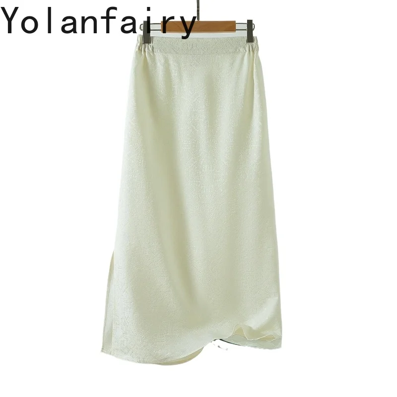 

YOLANFAIRY 65% Wool 35% Mulberry Silk Skirts for Woman Elegant High Waist Skirt Women Clothing Split Loose White Skirt Faldas