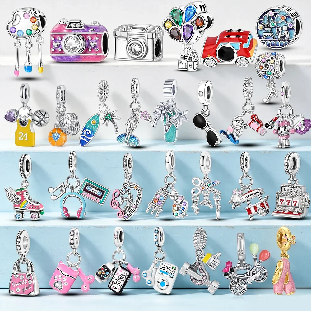 Original Silver Charms Beads Skate Surfboard Music Handbag Pendant Fit Bracelets Bag Keychain Charms Diy Women Gift Accessory