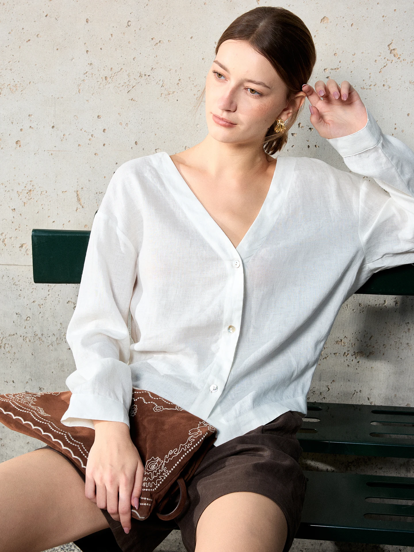 Pure Linen Shirt Women's Long Sleeve V-Neck White Spring Autumn Casual Comfortable Fit Commute Style 100% Linen Fabric