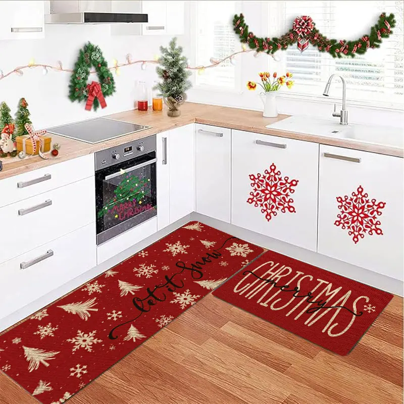 

Carpet with Christmas and Christmas tree designs, Christmas kitchen rug, washable, kitchen decoration, made of flannel