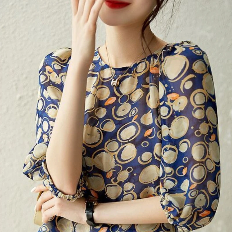 With Print Cute Chiffon Shirts & Blouses for Women Fashion 2024 Elegant Chic Woman Top Social Y2k Simple Cheap Stylish Xl Korea