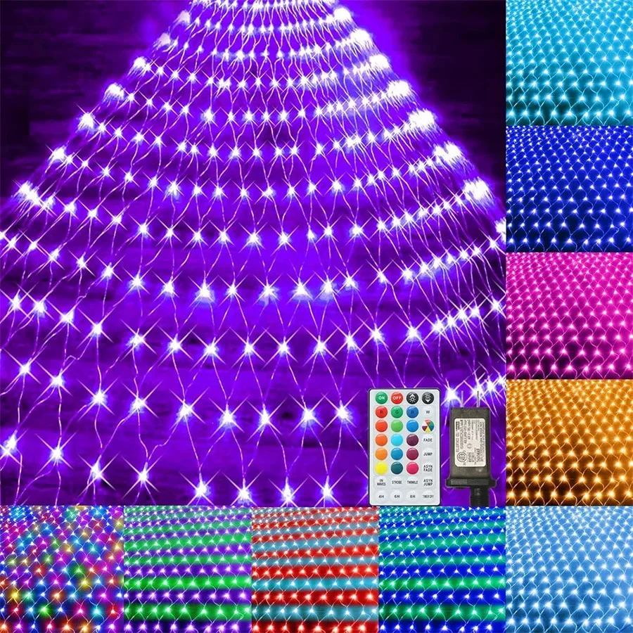 EU/US Plug Christmas Fairy Lights Outdoor Remote RGB 3X2M 224LED Fishing Mesh String Lights Home Party Garden Decorative Garland