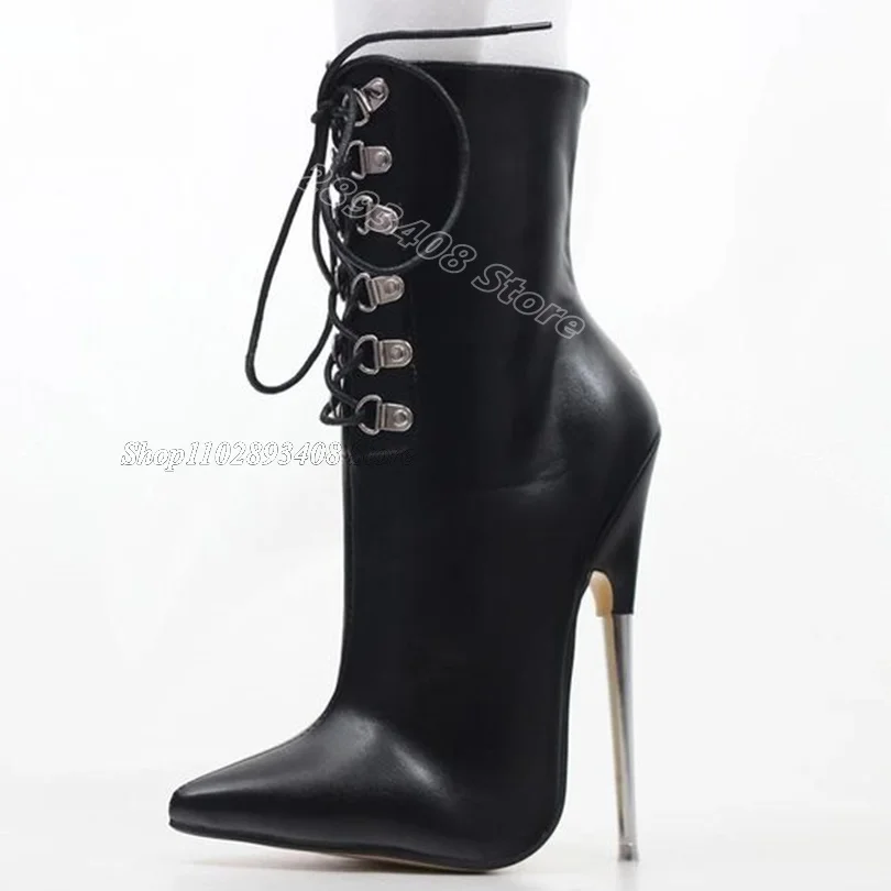 Black Lace up Metal Heels Boots Pointed Toe Leather Casual Party New Fashion Design for Women Boots 2024 Zapatos Para Mujere