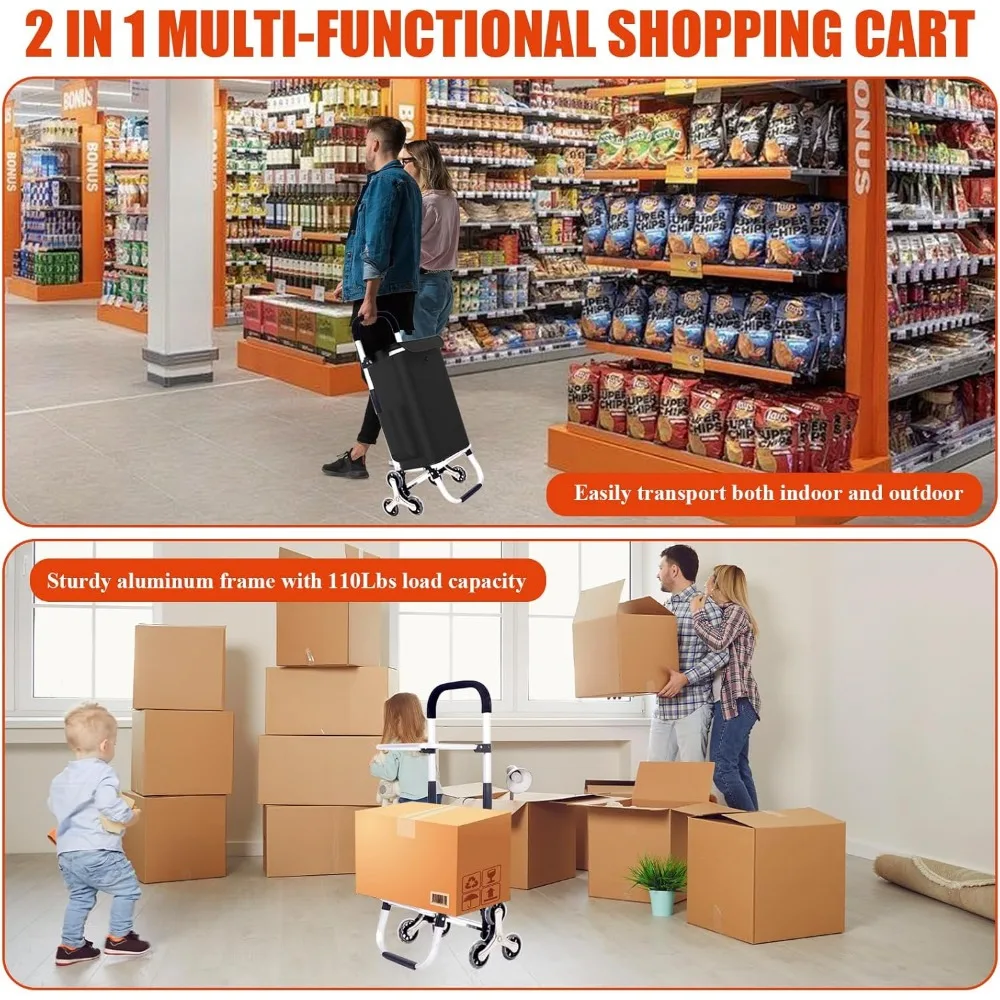 عربة تسوق 2 في 1 قابلة للطي مع 6 عجلات، سعة 110 رطل، حقيبة مقاومة للماء للبقالة والتخييم #5