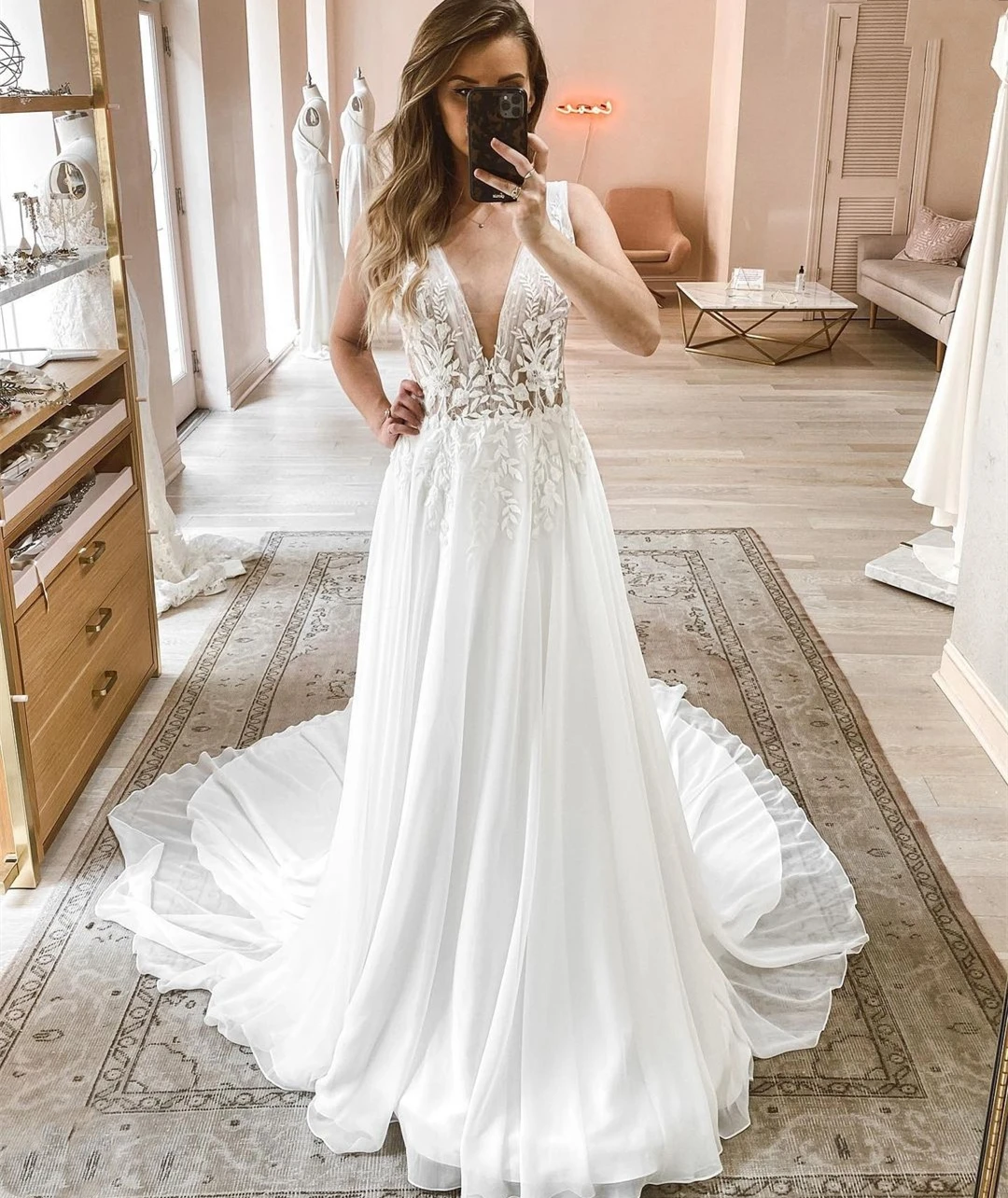 

Princess Wedding Dress V-Neck Sleeve Boho Rustic Civil Or Length Sweep Train Chiffon Robe De Mairee Charming For Women