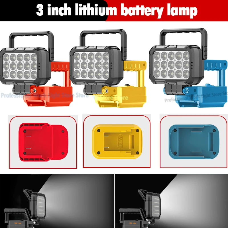 Work Light For Makita For DeWalt Portable Flashlight For Milwaukee LED Lamp Torch USB Power Bank 18V Li-ion Battery 15 LEDs