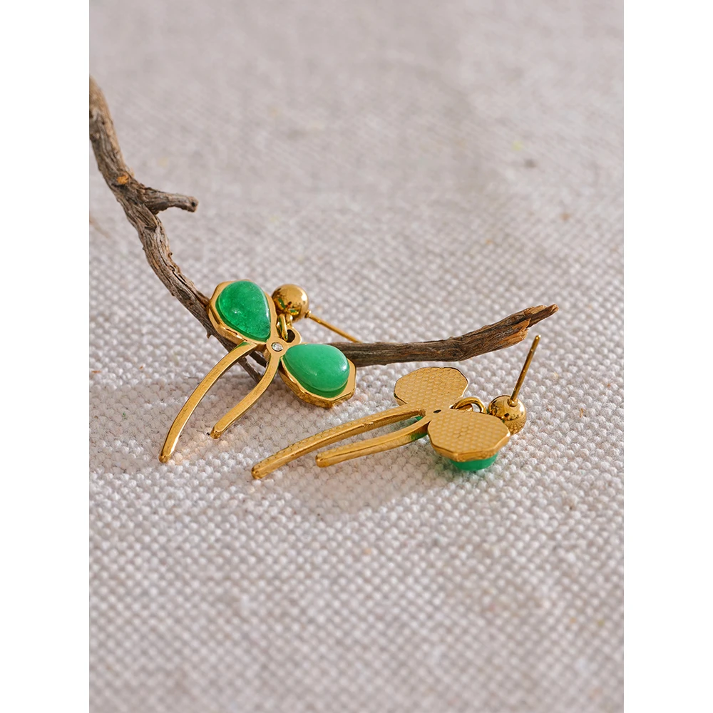 Yhpup Stainless Steel Green Color Stone Stainless Steel Bow Knot Earrings Jewelry for Women