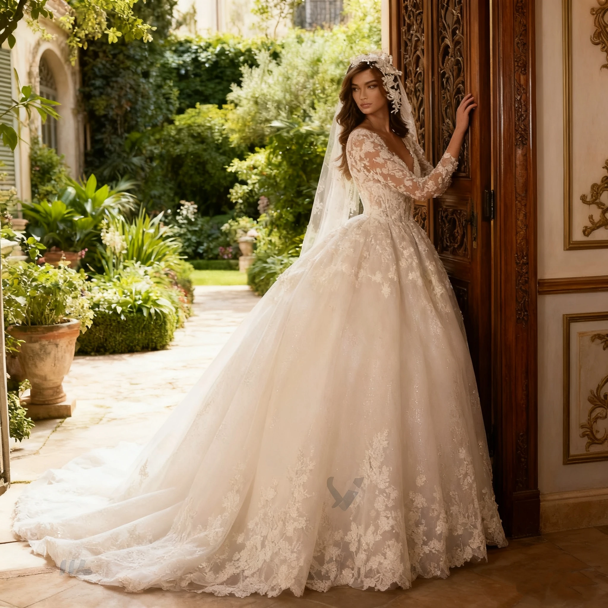 تخصيص خمر الدانتيل فساتين الزفاف الأميرة الكرة ثوب الديكور أثواب الزفاف تسلق تول طويلة الأكمام فستان الزواج دبي #2