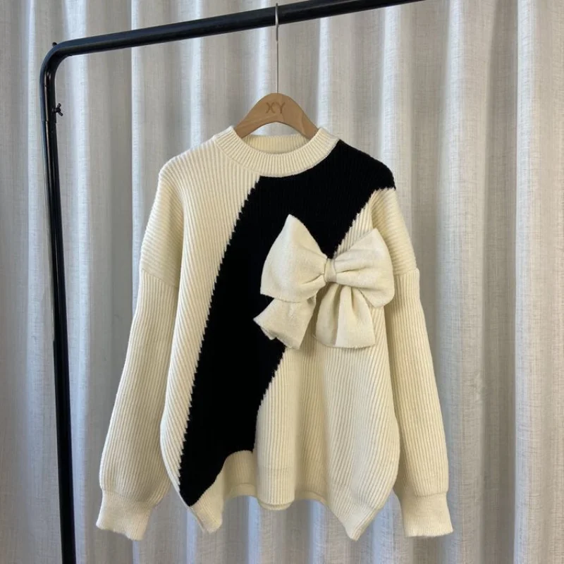 New Korean Bow Sweater 2023 Autumn/Winter Vintage Western Style Panel Long Sleeve Japanese Sweetheart Outerwear Knit