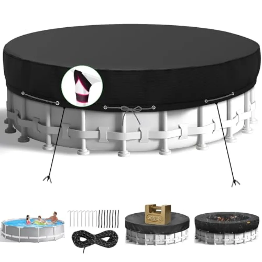 

21Ft Round Pool Cover for Above Ground Pools, Heavy Duty Black PVC, Waterproof Dustproof Tear-Resistant with Ground Nails Windp