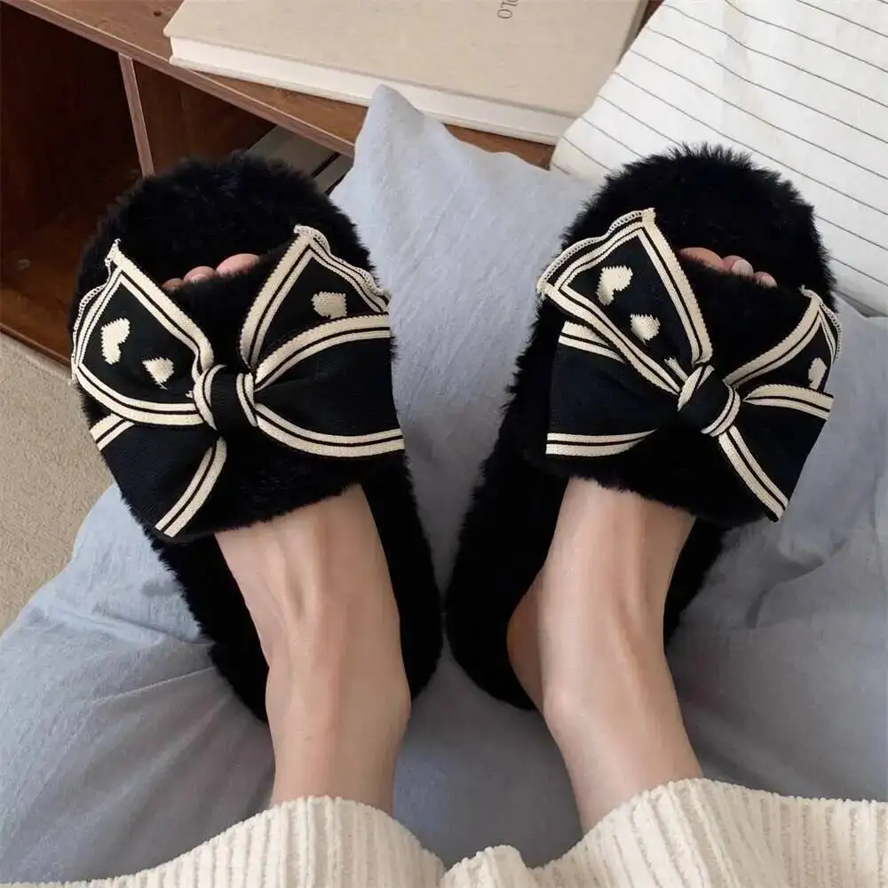 Women's Furry Slippers Ins Style Heart Bow Design Autumn Winter Home Flat Slide Indoor Household Cotton Slippers