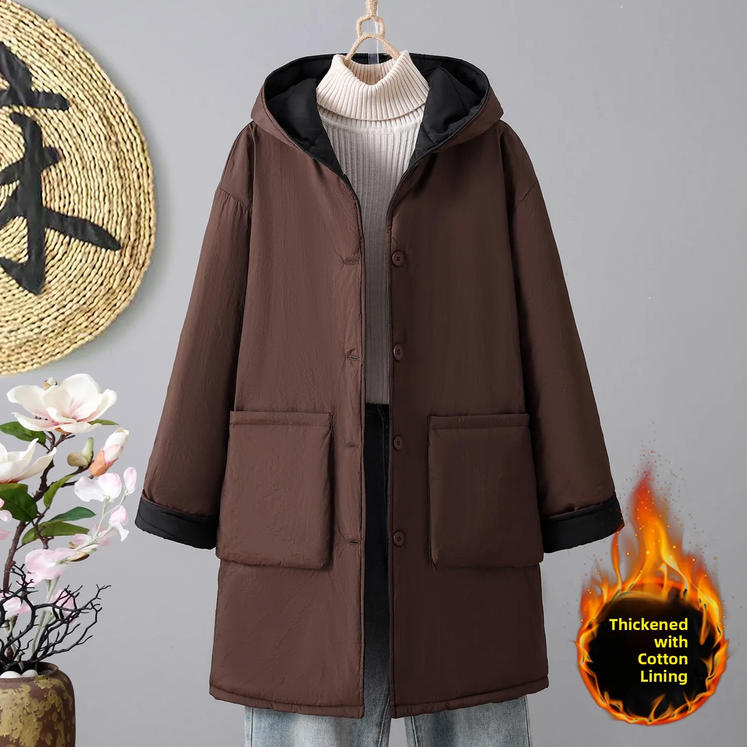 

Thickened Cotton Jacket Coat Korean Style Large Size Women's Winter Warm Loose Outerwear Mid-Length Hooded Coat