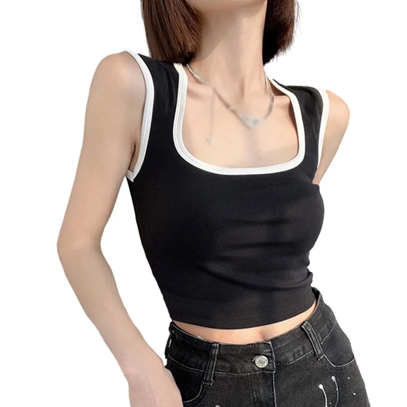 With Chest Pad Sleeveless Short Style Wide Shoulder Korean Vest Color Blocking Fixed Cup Square Collar Top