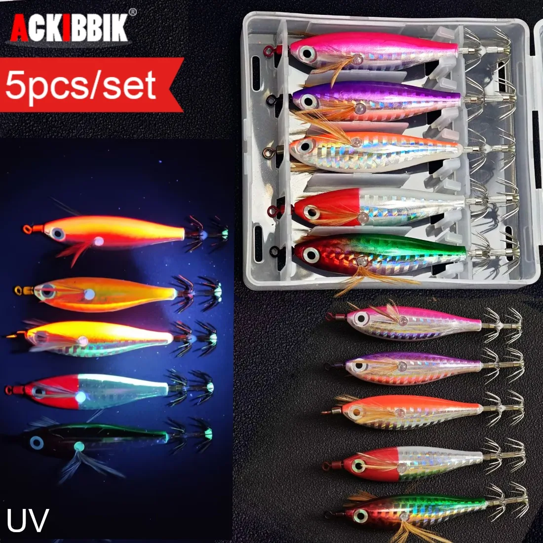 Conjunto de 5 Iscas Horizontais para Lula (Egi) de 8cm com Laser Holográfico, Iscas de Pesca Luminosas UV que Brilham no Escuro, Anzóis para Lula e Kit de Iscas para Choco