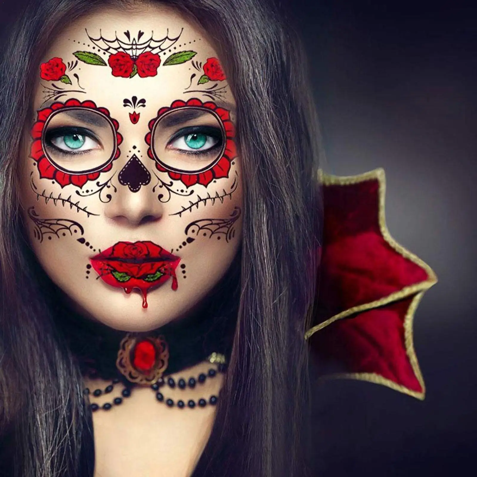 Halloween Facial Makeup Sticker Special Face Tattoo Day Of The Dead Skull Face Dress Up Halloween Temporary Tattoo Stickers