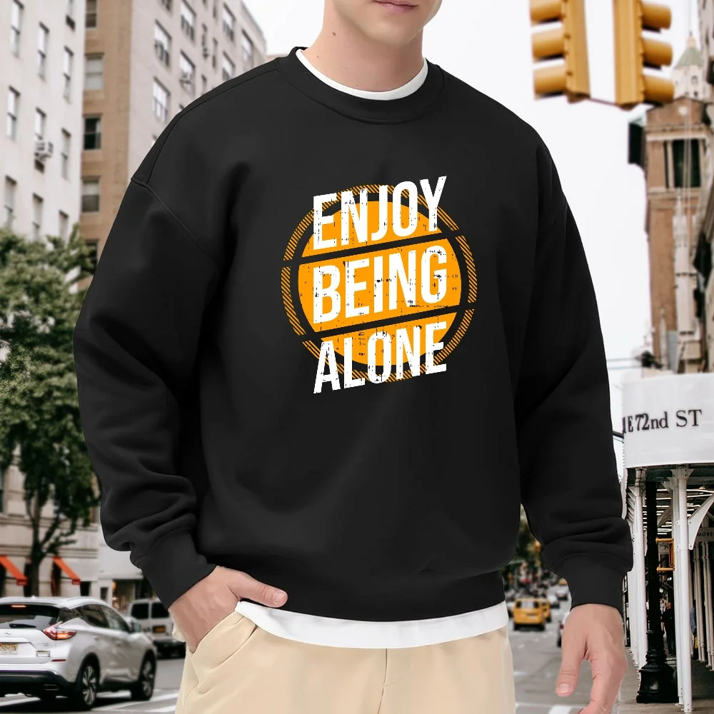

Men's Black Crew Neck Sweatshirt with Letter Print, Loose Casual Pullover, Street Fashion Versatile Top, Comfortable and Breathable for Everyday Wear