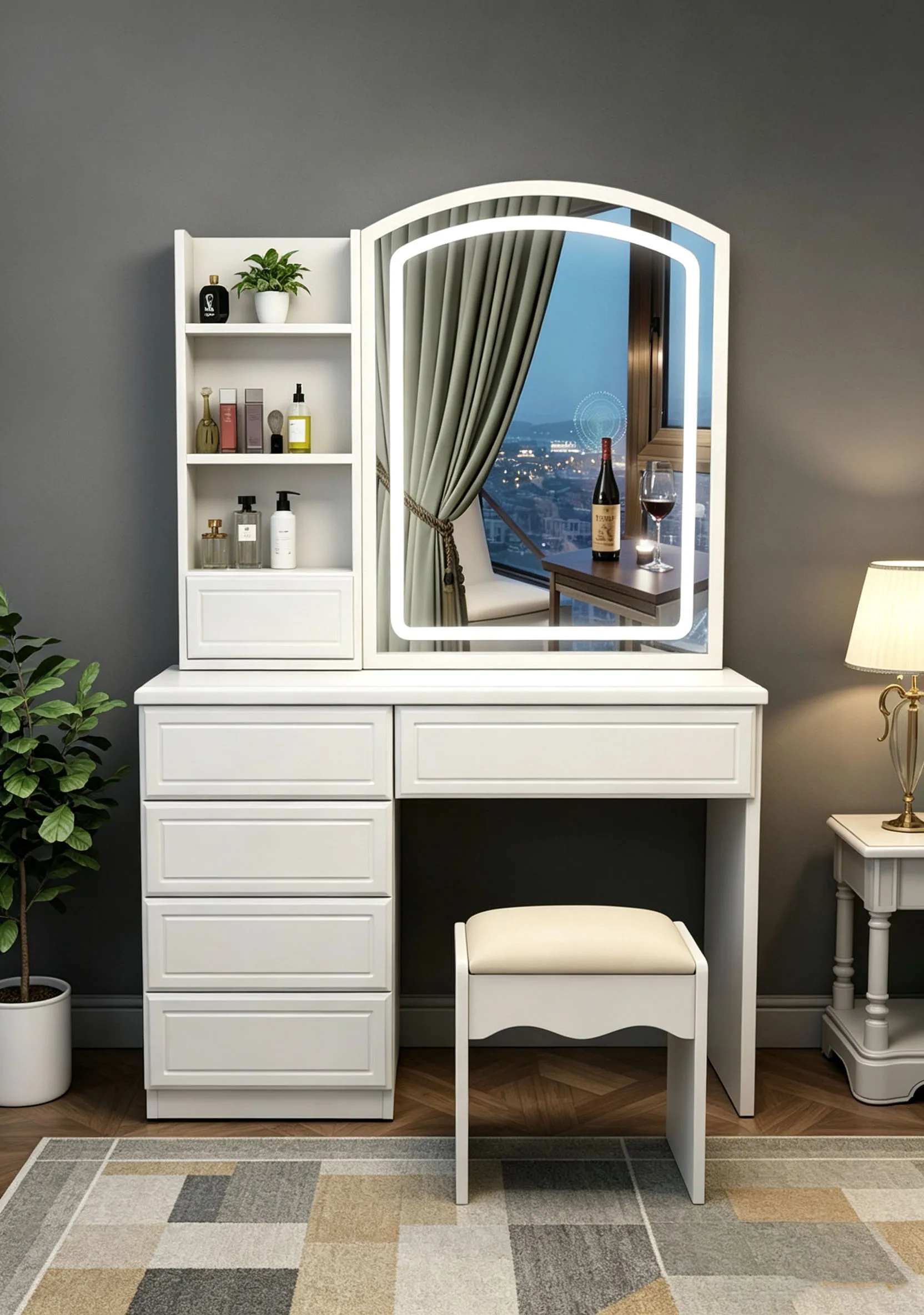 Toeletta Moderna Minimalista per Camera da Letto con Specchio LED Scorrevole, Specchio con Rivestimento a Pellicola e Armadietto Integrato