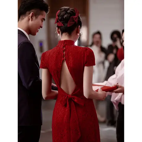 신부의 반팔 백리스 댄스 칵테일 드레스, 우아한 중국 레트로 웨딩 드레스