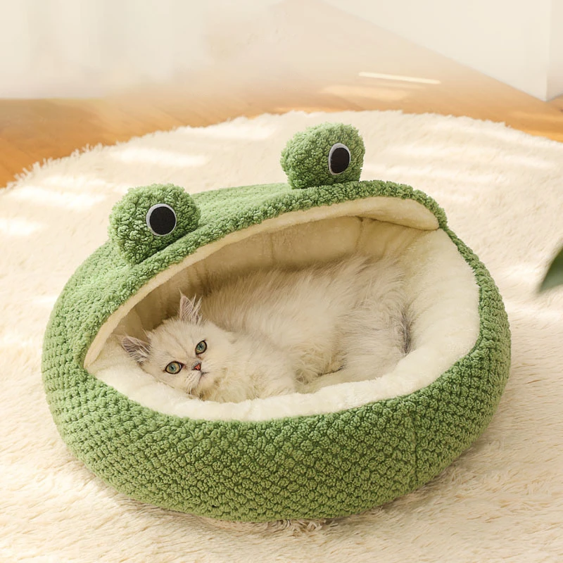 Pet Cat Dog Nest Plush Round Cartoon Frog Mat Winter Warm Deep Sleep Bag Comfort Soft Puppy Dog Bed 2 In 1 Warm Cat Basket