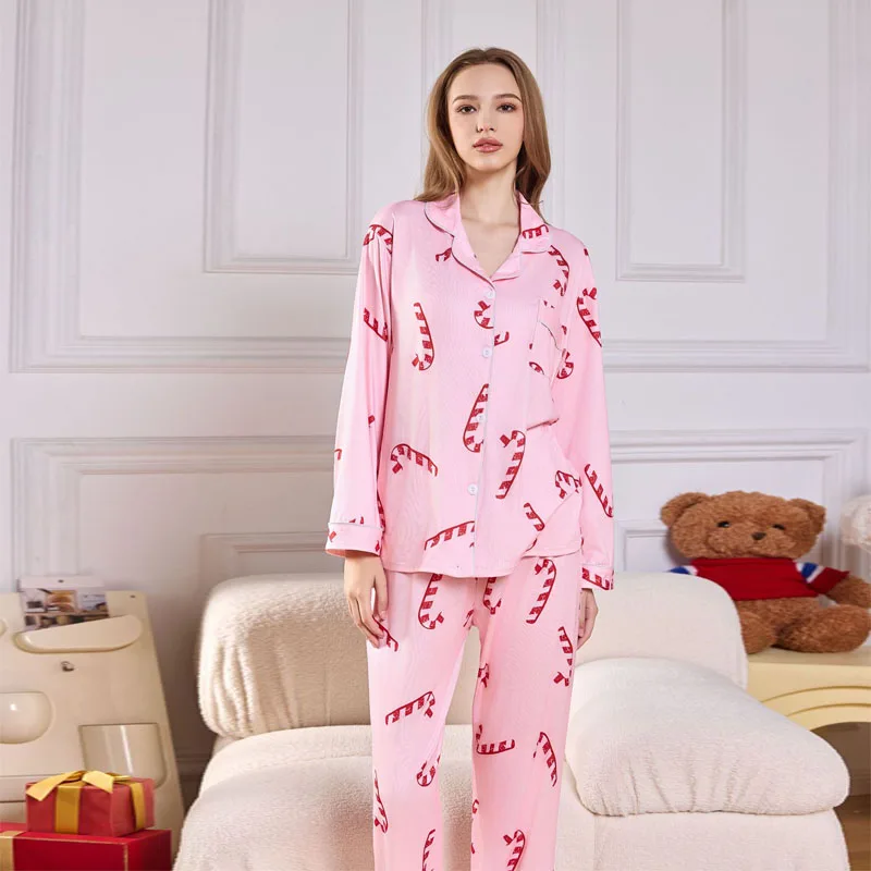 Women\'s Pajamas Christmas New Year Printed Long Sleeve Long Pants Cardigan Lapel Loose Homewear Large Size Sleepwear Green Red