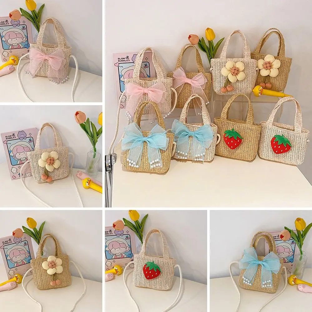 Handmade Woven Girl Straw Bag Summer Coin Purse Mesh Bow Kid Beach Bags Photo Props Zipper Storage Basket