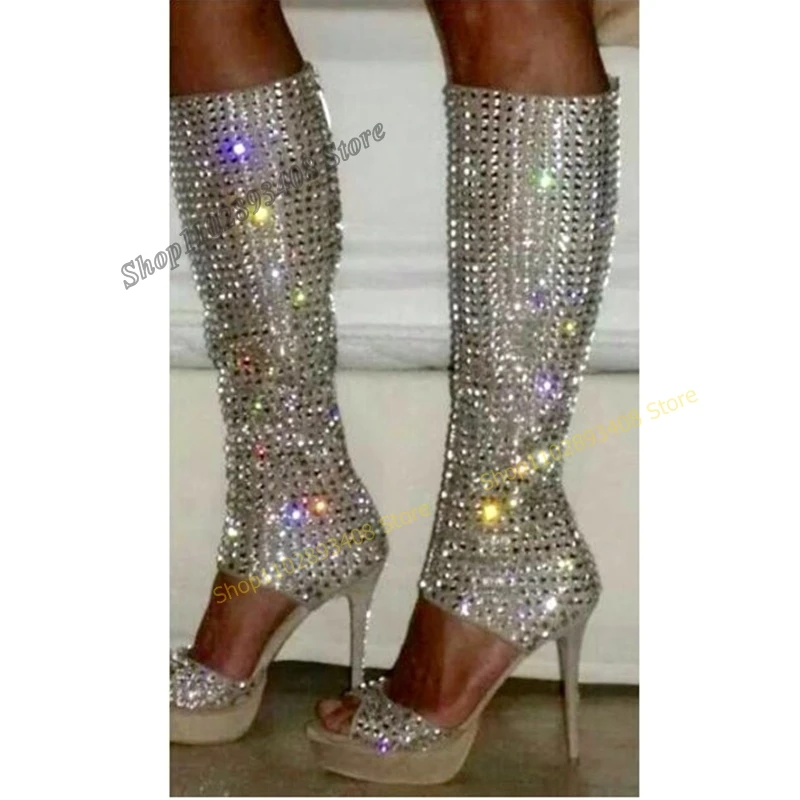 Sliver Glitter Crystal Decor Mid Calf Boots Peep Toe Stiletto High Heel Zipper Women Shoes 2023 Fashion Sexy Zapatos Para Mujere