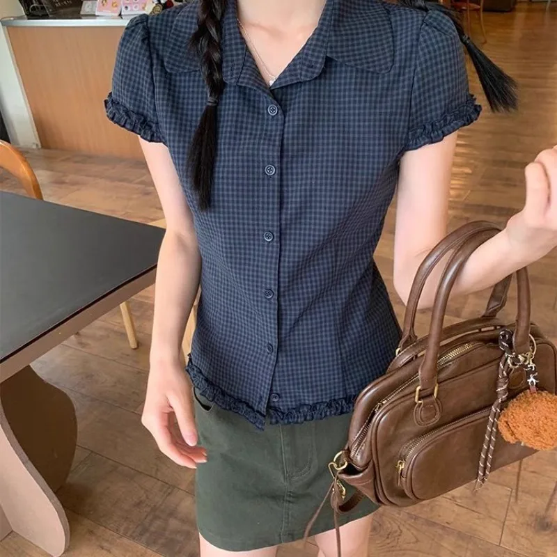 

Deeptown Vintage Navy Blue Plaid Shirts Women Sweet Preppy Ruffles Short Sleeve Blouses Slim Korean Style Aesthetic Basic Casual