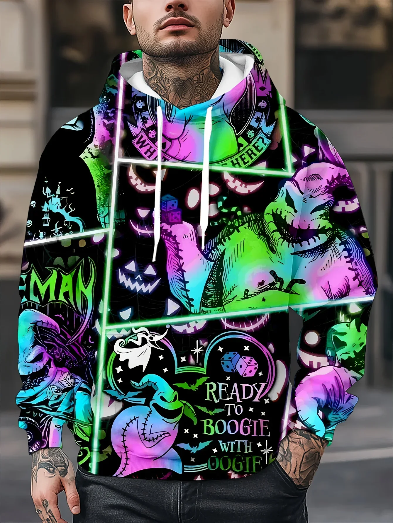 Herren Oogie Boogie Neonfarben-Gittermuster-Kapuzenpullover mit Kordelzug und Tasche – Detail 2