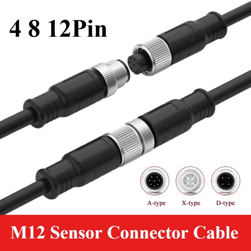 

M12 8-контактный 12-контактный соединительный кабель датчика A/X, сетевой провод промышленной камеры, 4-контактный экранированный удлинительный кабель D-типа