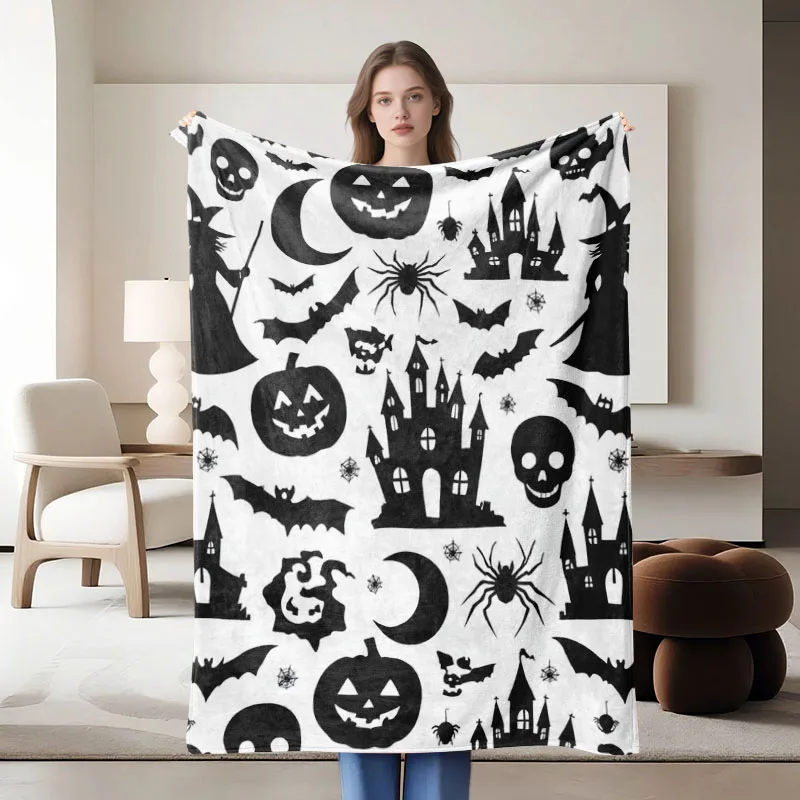 قطعة واحدة من بطانية الفانيلا باللونين الأبيض والأسود بطابع الهالوين، ناعمة، مناسبة للأريكة والسرير والمكتب والاستخدام لجميع المواسم. #2