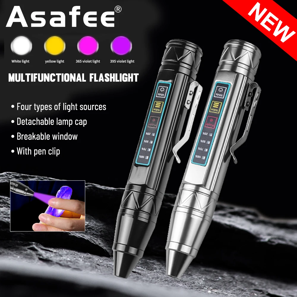 Asafee 1366 Pen UV Flashlight Stepless Dimming Light Money Detector Portable Lamp Back Clip Repalceable Holder Torch Lantern