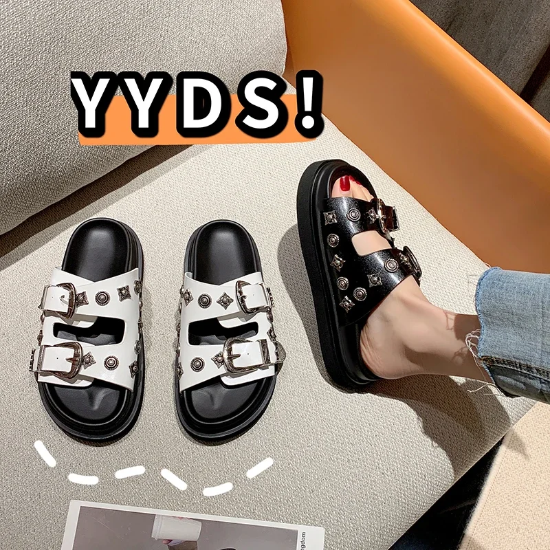 Summer Women Slippers Platform Rivets Punk Rock Leather Mules Creative Metal Fittings Casual Party Shoes Female Outdoor Slides