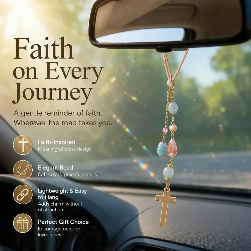 Vintage Gold Cross Car Charm Natural Stone Tumbled Crystal Mirror Hanging Pendant Auto Decor Gift For Driver
