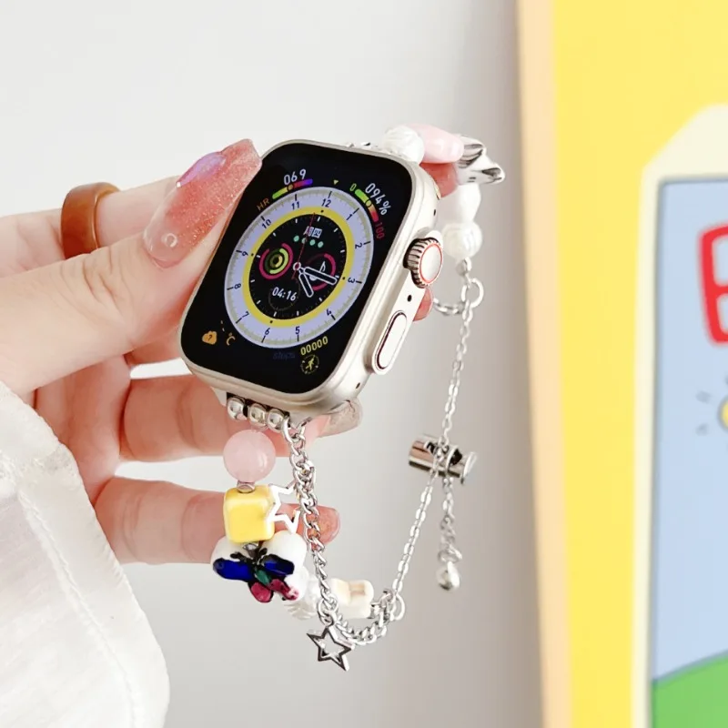 Lucky Star Beading Strap para Apple Watch, Pulseira de Jóias para Meninas, Band for iWatch 8, 7, 6, 5, 4, SE 3, 44mm, 41mm, 40mm, 49 milímetros, 42 milímetros, 38 milímetros, 45 milímetros