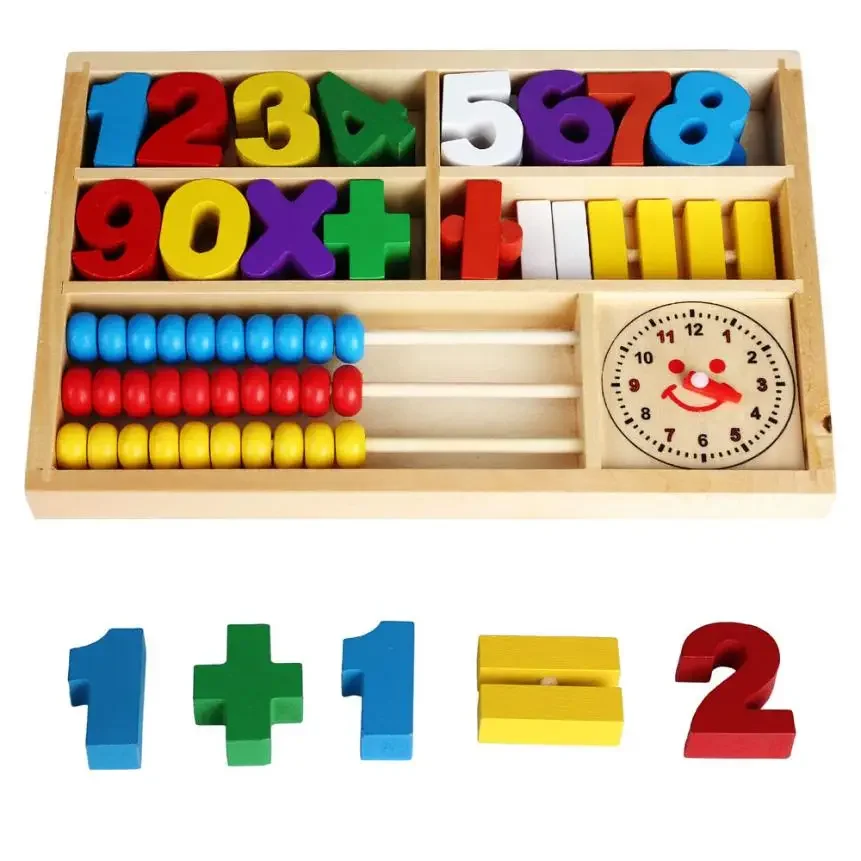 Montessori Children Abacus Kids Learning Wooden Toys for Baby Cacalculation Traning Math Box Alarm Clock Learnling educational