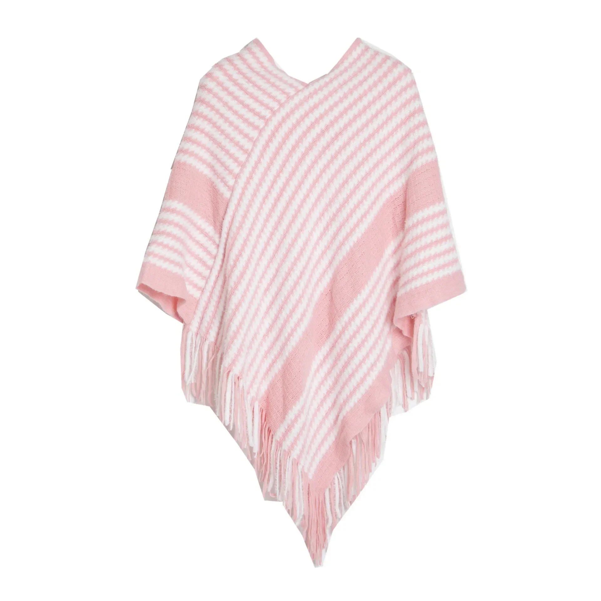 

Europe America Pullover Shawl Autumn Winter Knitwear Stripe Fashion Street Poncho Lady Capes Khaki Cloaks