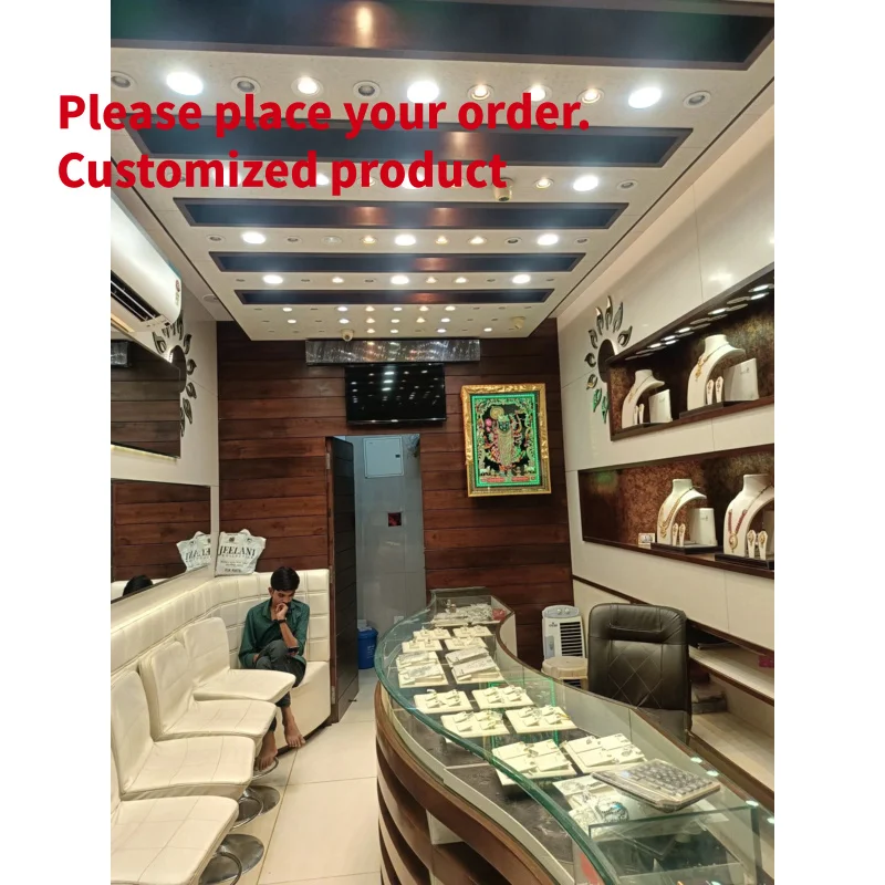 custom.Dark Solid Wood Curved Bent Glass Jewelry Display Counter With Built-in LED Wall Mount Necklace Bust Showcase Complete Lo
