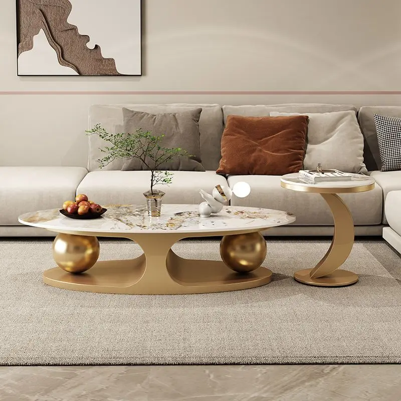 Italian style glossy stone oval coffee table set modern design light luxury simple home double ball Internet celebrity inventory