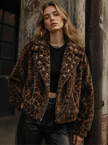 Winter Leopard Print Faux Fur Pearl Decor Lapel Zipper Short Jacket Women Casual Fashion Outerwear