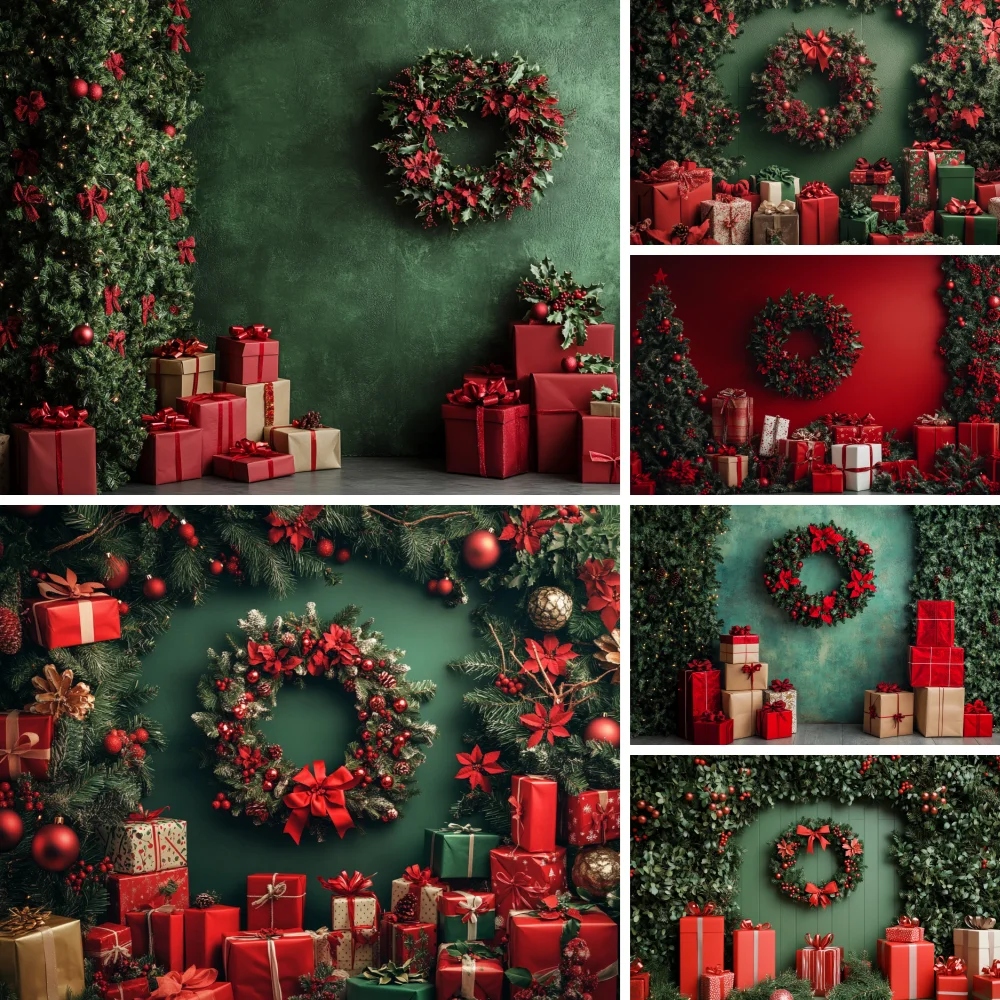 

Winter Christmas Red Green Arches Photography Background Wreath Gifts Xmas Tree Kids Family Party Photo Banner Backdrop