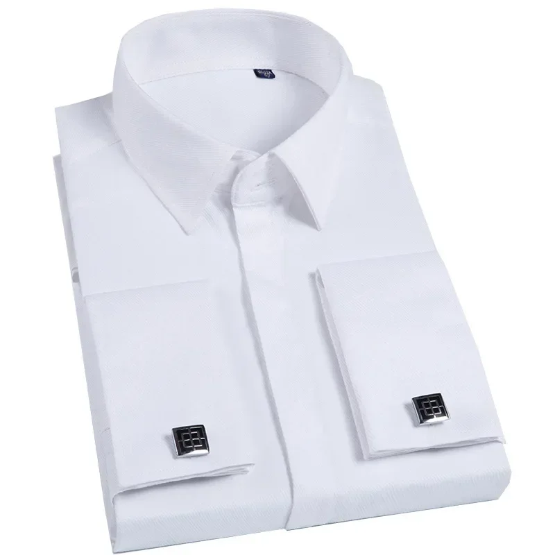 Men French Cufflinks Shirt High Quality Hidden Button Men\'s Long Sleeve Casual Slim Fit Cuff Dress Shirts (Cufflinks Included)