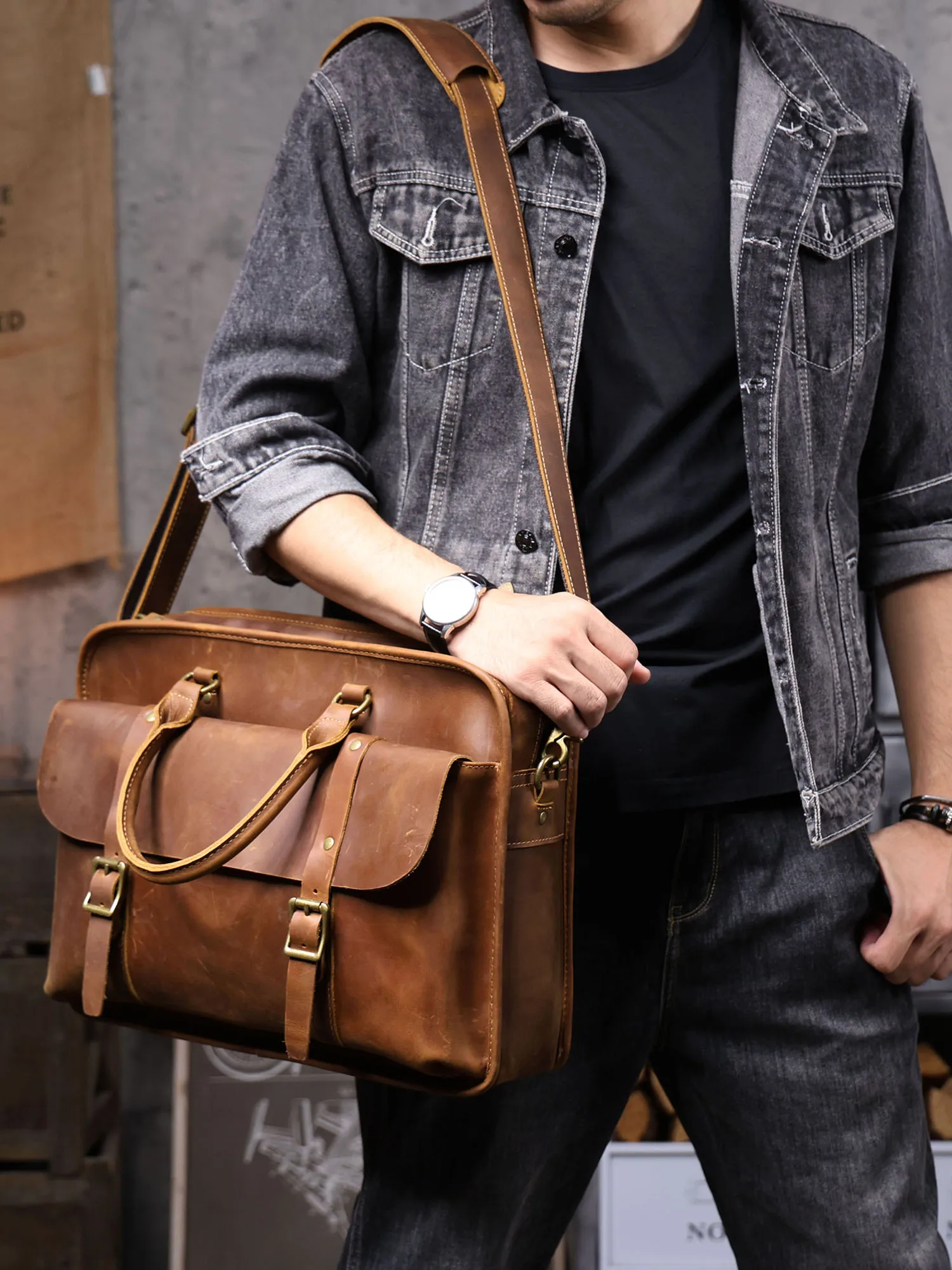 S.WORKER Vintage Echtleder Herren-Aktentasche Laptop-Tasche Crazy Horse Leder Messenger-Handtasche Rindsleder Geschenkidee für Männer – Detail 4