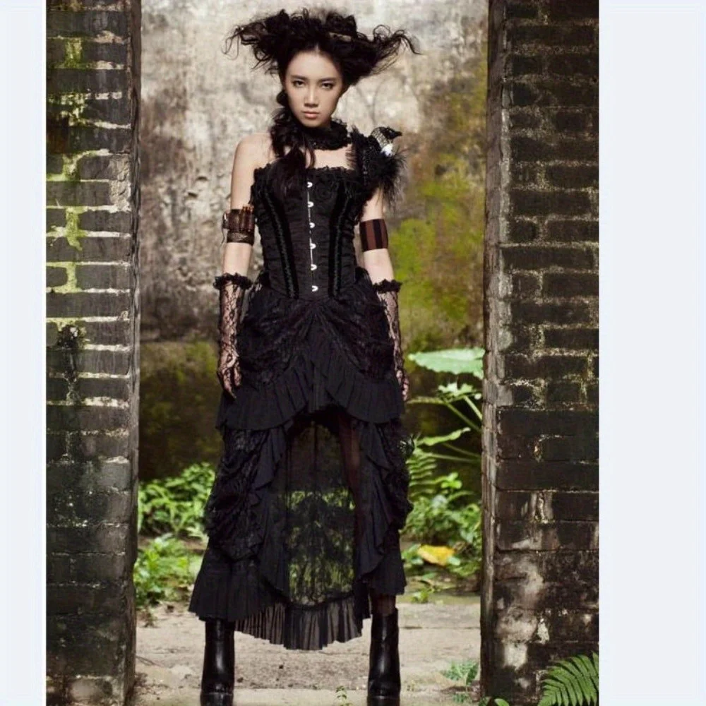 Vestido de fiesta gótico Steampunk euroamericano: vestido largo de encaje con cola de pájaro más vendido para mujer, ropa de noche formal inspirada en el punk