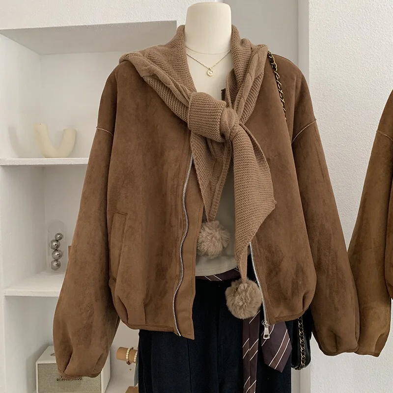 

Женское замшевое пальто из меха ягненка, зимнее теплое пальто с капюшоном и съемным шарфом, винтажный топ Long Sve