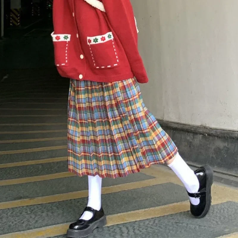 Christmas Rainbow Plaid Fleece Pleated Skirt Japan Style Versatile High Waist Slim Half Skirt Mid Lengt Spring Summer Y2k Skirt