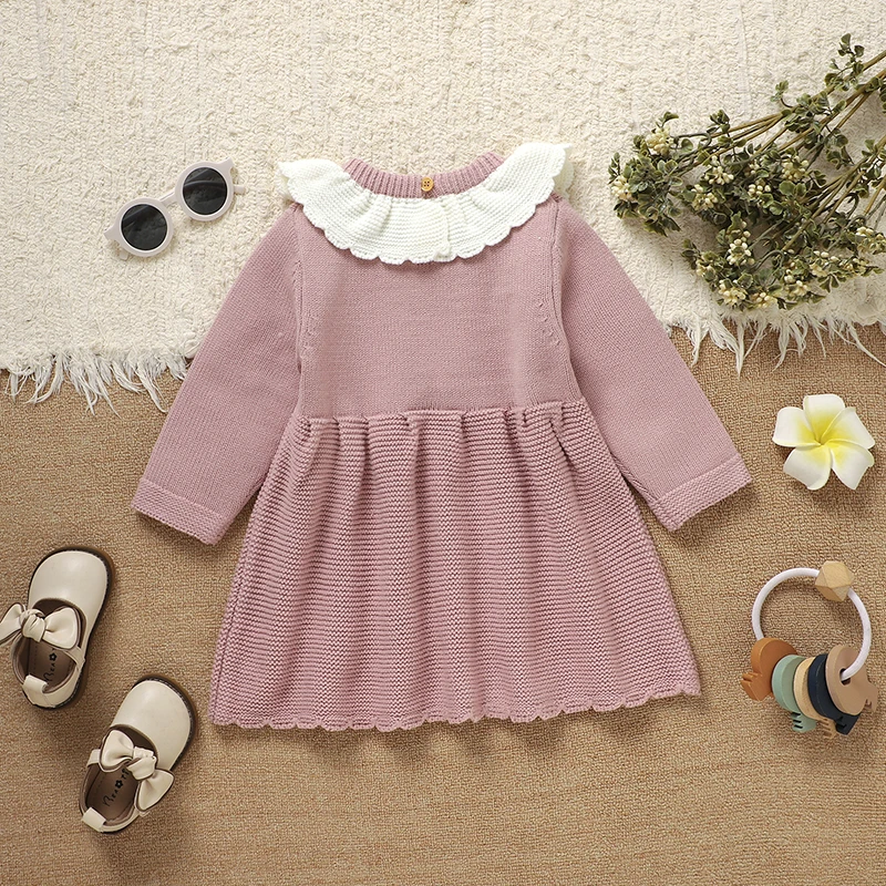 Baby Sweater Dress Knitted Newborn Girl Skrit Long Sleeve Autumn Infant Petticoats Fashion Solid Ruffles Cute Bow Clothes 6M-3Y
