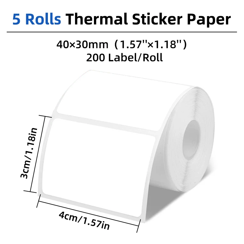 5 Rolls of White Coreless Label Stickers 40X30Mm, Each Roll Contains 200 Stickers, for Home, Office, DIY Projects, Gift Packaging Labels, Compatible with M100/M110/M220/M221/M200/P50 Portable Label Printers