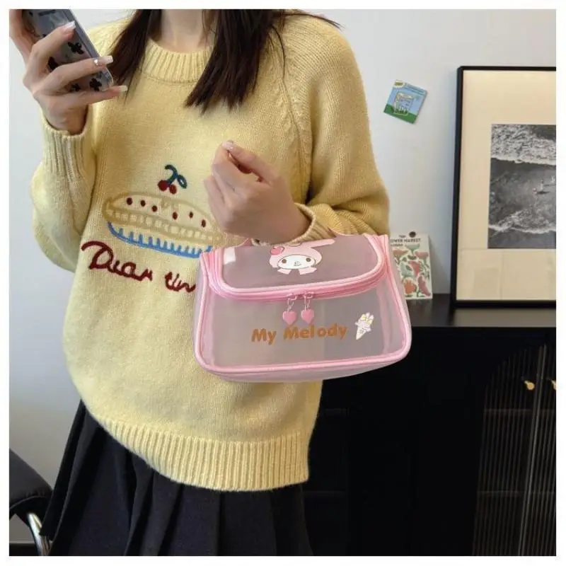 Sanrio Cute Mesh Cinnamoroll Handheld Makeup Bag Large Capacity Breathable Travel Toilet Cosmetics Storage Bag Fashion Portable
