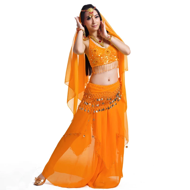 Belly Dance Indian Dance Costumes Adult Women Bollywood Egyptian Chiffon Belly Dress Dancewear Practice Set Professional Suit