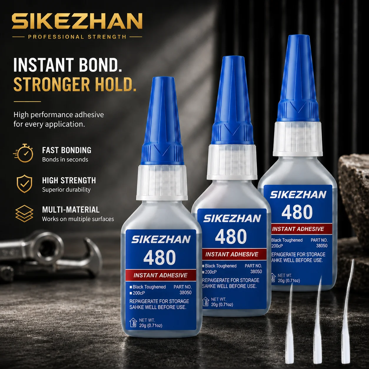 SIKEZHAN 480 Black Super Glue Instant Adhesive Heavy Duty Waterproof Rubber Tire Repair Glue for Metal Plastic Wood Ceramic 20g